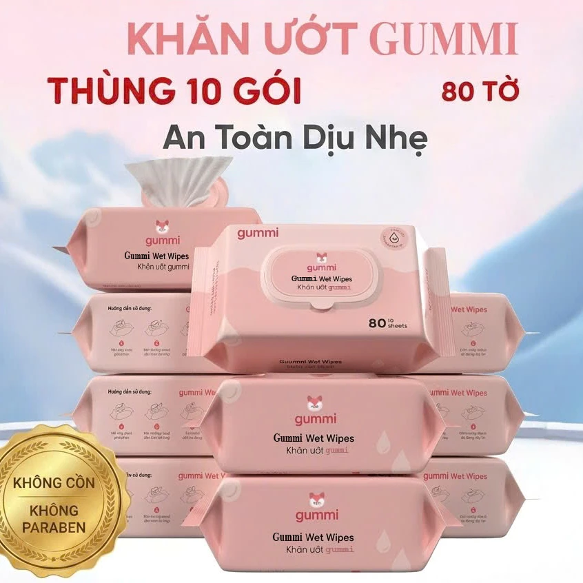 Thùng 10 gói khăn uớt đa năng 80 tờ Gummi không cồn không parabens cao cấp