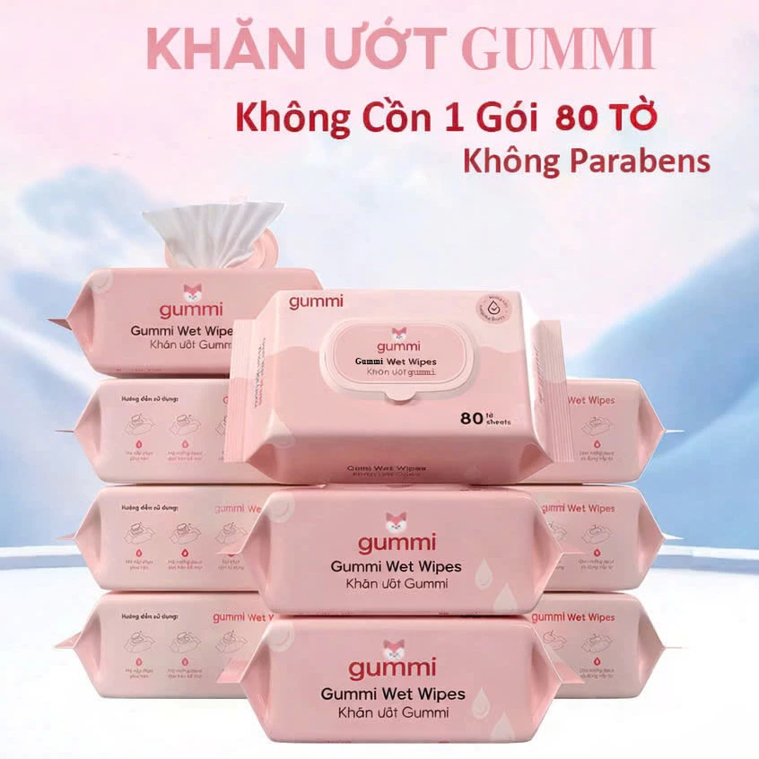 Thùng 12 gói Khăn Ướt GummiKisd Không Cồn 80 Tờ 1 Gói
