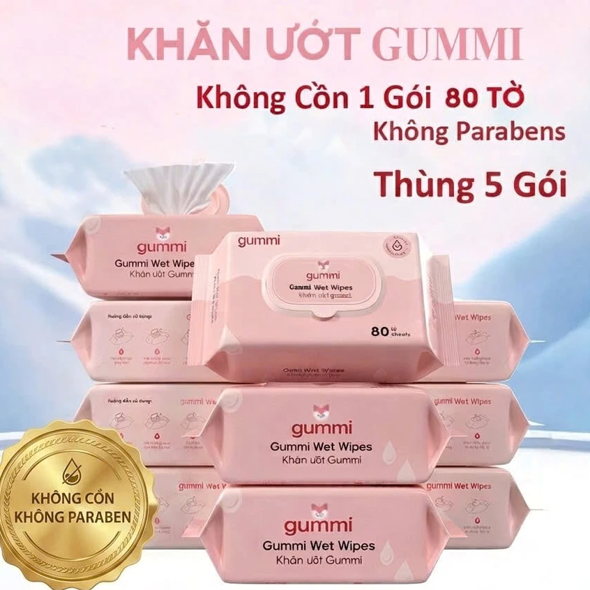Combo 5 gói khăn uớt đa năng 80 tờ Gummi không cồn không parabens cao cấp
