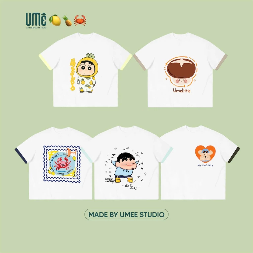 UMEESAIGON Áo Thun Mùa Hè Form Boxy Tay Ngắn Cotton Cổ Tròn Nam Nữ Hoạt Hình