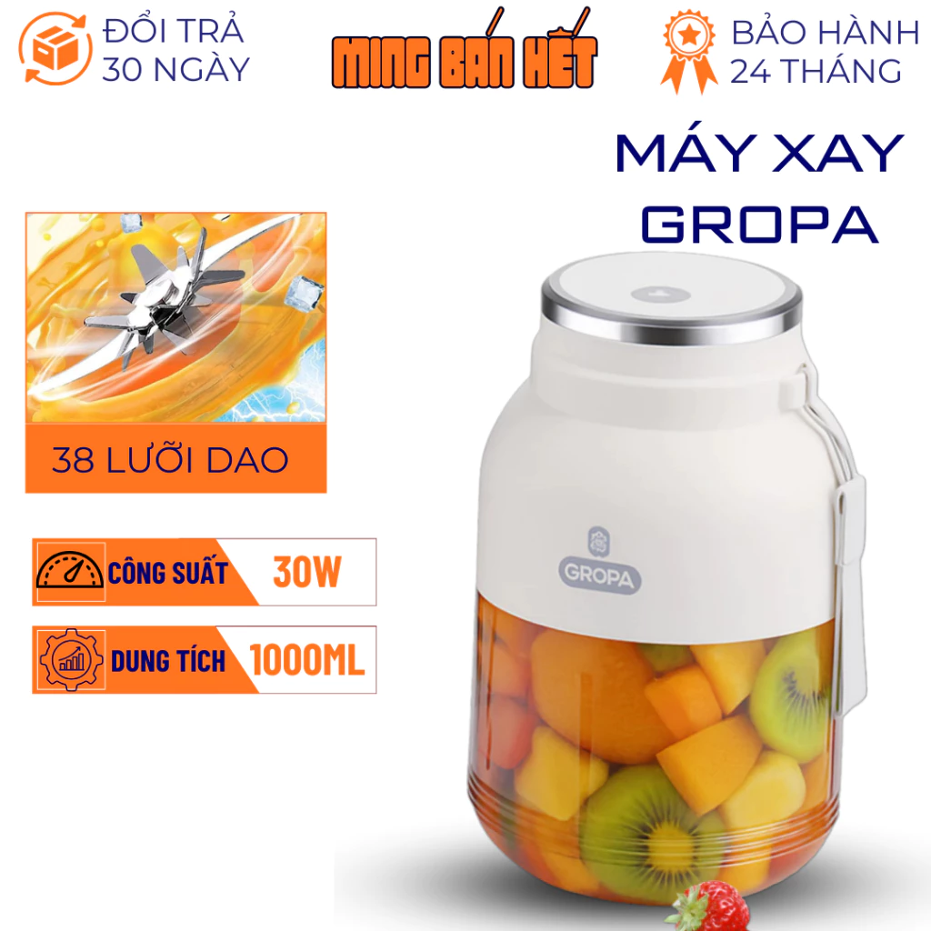 Máy Xay Sinh Tố Cầm Tay Mini GROPA 38 Lưỡi 1000Ml Kèm Nắp Chống Tràn + Ống Hút Silicon