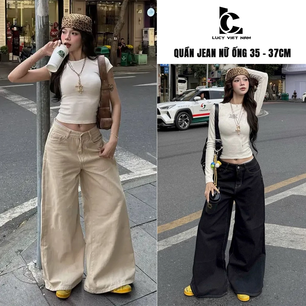 Quần Jean Ống Siêu Rộng 35-37cm Nữ Màu Be AVO AVOCADO Extra Wide Leg Pants Lưng Cao Che Khuyết Điểm