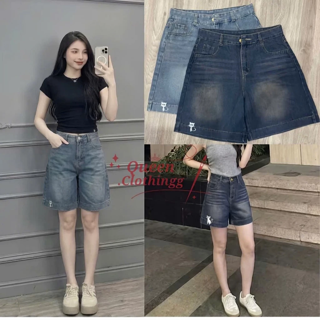 225 - Quần short jean nữ, quần đùi ngố nữ thêu mèo trắng, jean mềm forrm rộng (Big size 40-65kg)