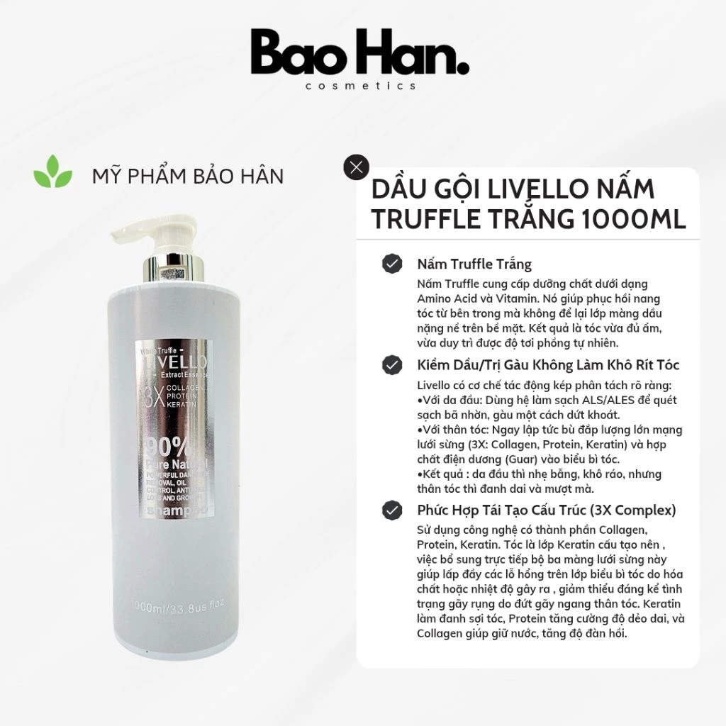 DẦU GỘI LIVELLO NẤM TRUFFLE TRẮNG 1000ML - SẠCH GÀU , KIỀM DẦU , GIẢM RỤNG TÓC CHO TÓC MỎNG YẾU