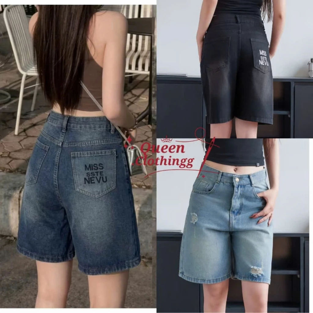 229 - Quần jeans ngố nữ cào rách, quần bò ngố thêu chữ Miss cá tính, jean lưng cao dáng ngố S-2XL