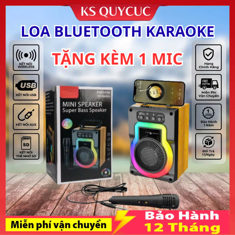 Loa Karaoke hộp gỗ ZQS 14102 - Loa công suất lớn, Led nhấp nháy theo nhạc, bass trong, tặng kèm micro, nghe nhạc đa dạng
