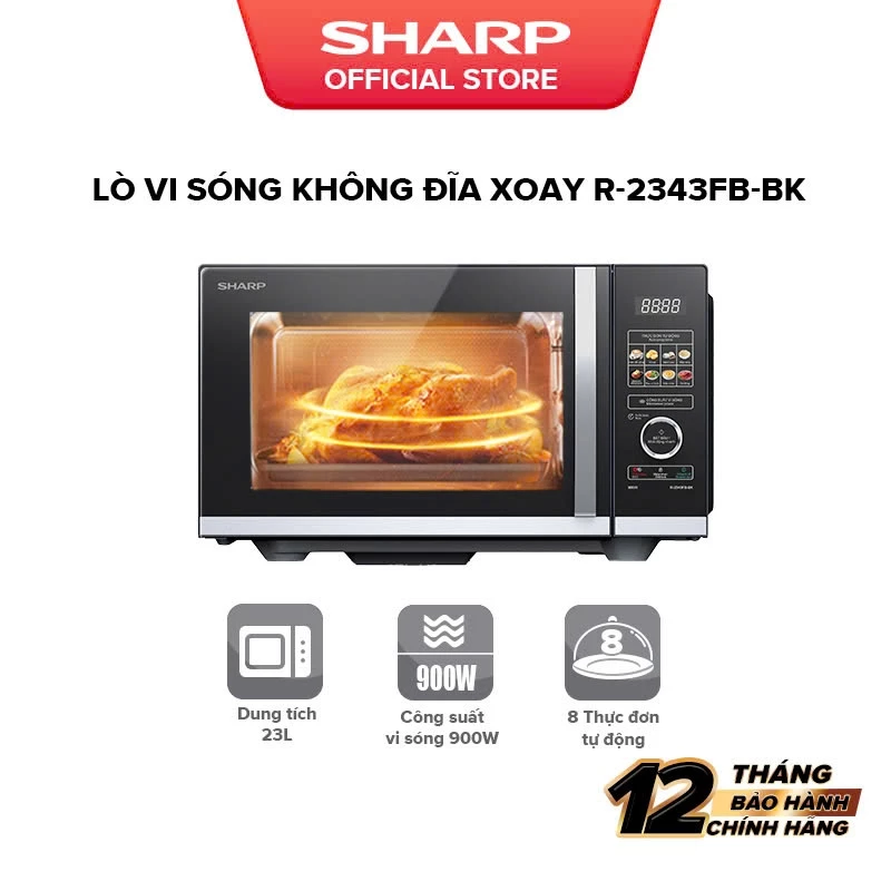 Lò Vi Sóng Sharp R-2343FB-BK - Dung Tích 23L - Công Nghệ Không Đĩa Xoay Flatbed - 10 Mức Công Suất - Chính Hãng