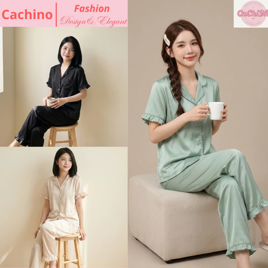 Bộ pijama lụa Xước cao cấp cộc tay quần dài. Bộ ngủ mặc ở nhà lụa trơn tay bèo C07