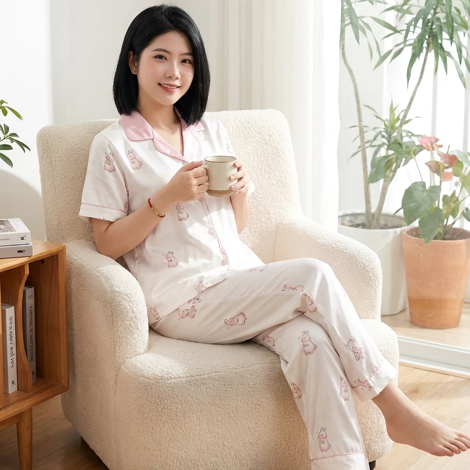 Bộ đồ ngủ nữ lụa xước cao cấp, bộ pyjama cộc tay họa tiết dễ thương hàng Quảng Châu BN027