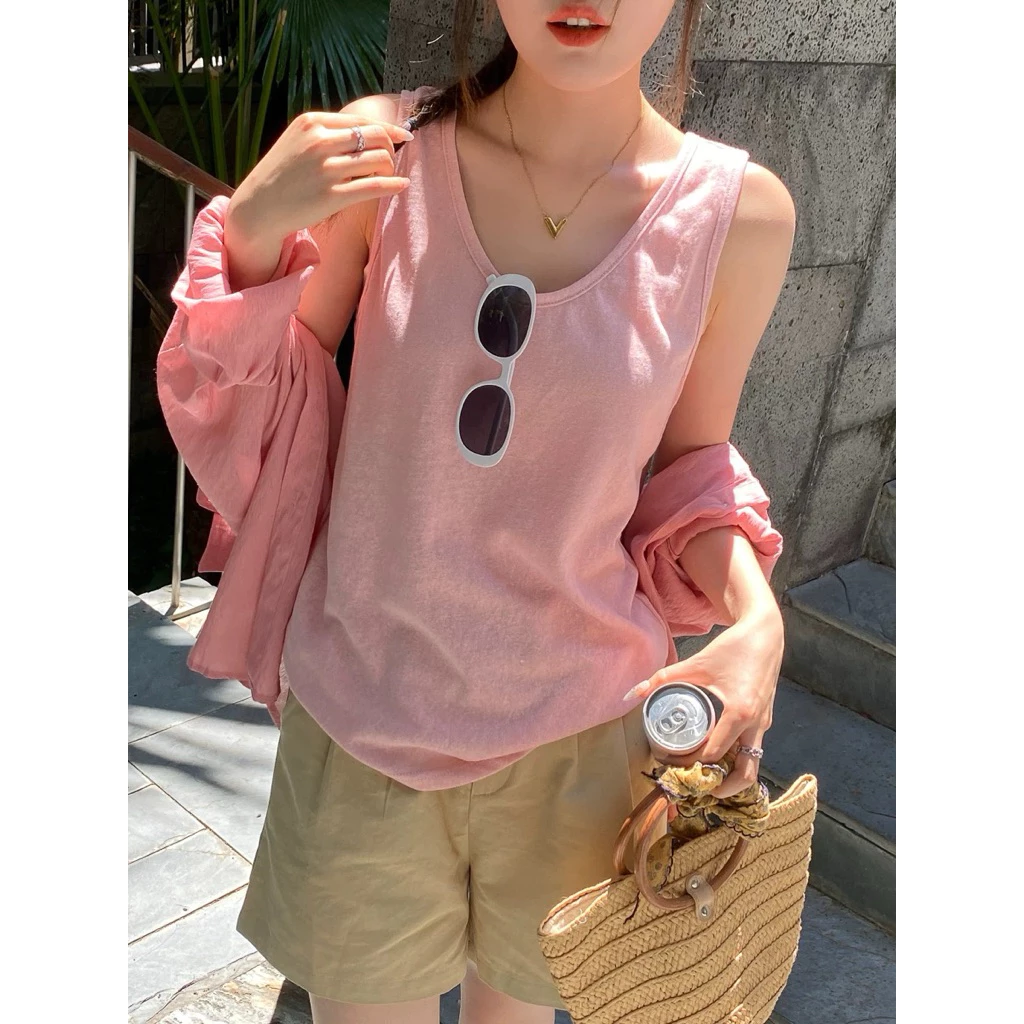 [The Spark] Áo Ba Lỗ Nữ Cotton Xược Form Rộng – Tank Top Nữ Basic / Cổ Nút Thoáng Mát Mùa Hè