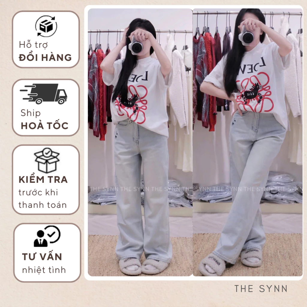 Q52 (S-L 100-102cm) - Quần Jeans Nữ Ống Suông Form Rộng, Lưng Cao Màu Xanh Bạc Trơn