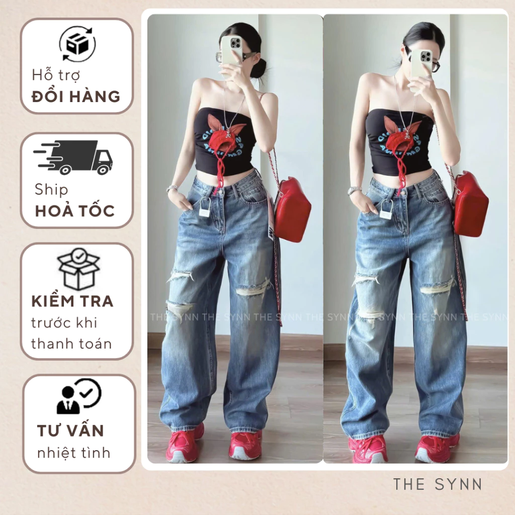 Q42 (S-XL 100-103cm) - Quần Jeans Ống Suông Form Rộng Màu Xanh Phối Tag Da Rách Kiểu
