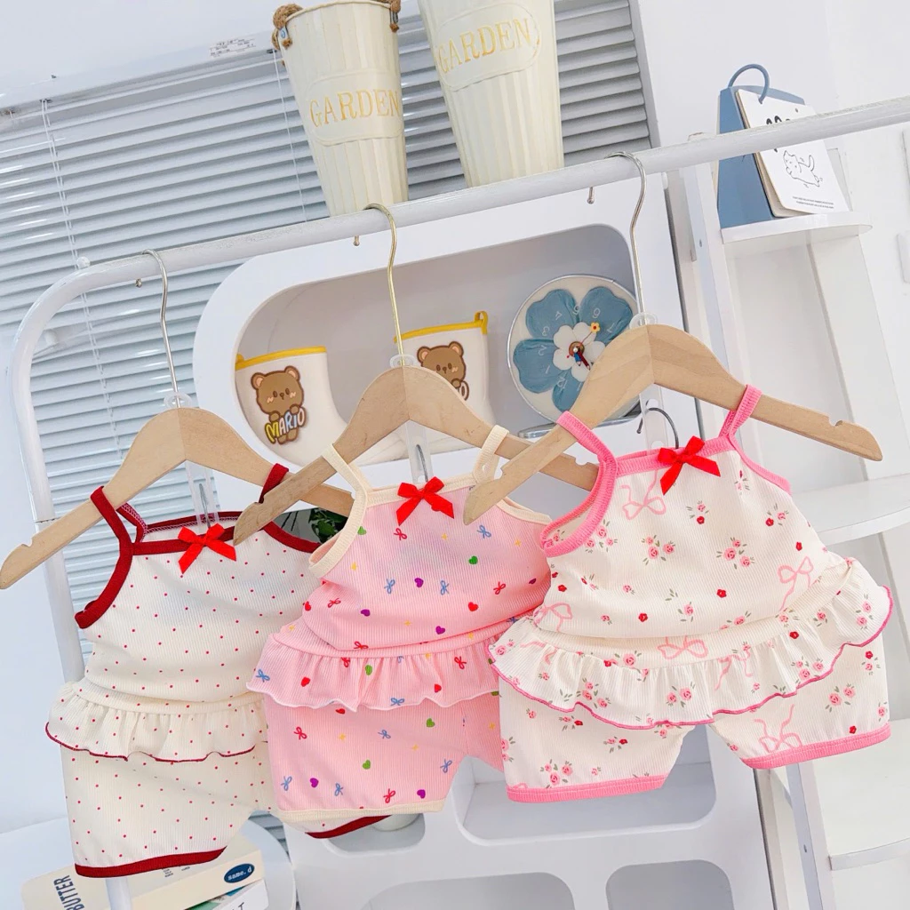 Bộ 2 dây thun tăm lạnh bé gái bèo từng nơ xinh -set đồ mặc hè