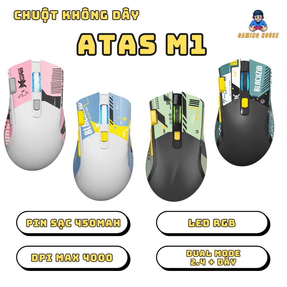 Chuột không dây Gaming ATAS M1 - 2 mode không dây và có dây - LED RGB - Pin sạc 450mah - DPI 4000