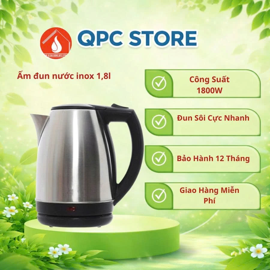 Ấm đun nước siêu tốc Inox 1.8 Lít Electric Kettle chính hãng, sôi nhanh tự ngắt