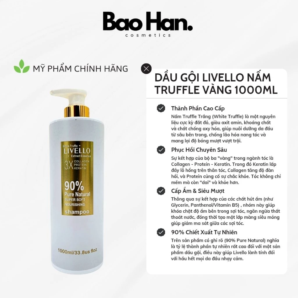 DẦU GỘI LIVELLO NẤM TRUFFLE VÀNG 1000ML - SIÊU MƯỢT TÓC , PHỤC HỒI TÓC HƯ TỔN , 90% CHIẾT XUẤT TỰ NHIÊN LÀNH TÍNH