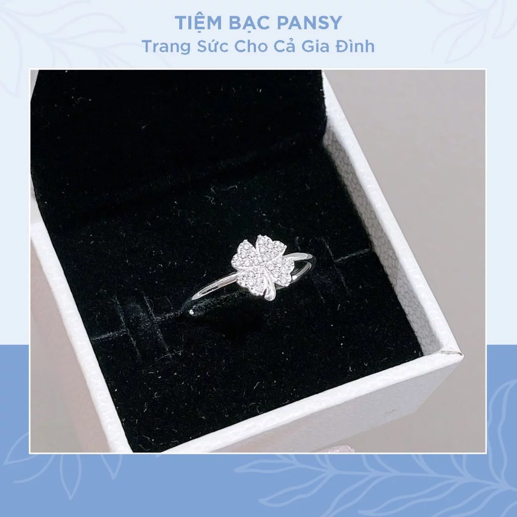 Nhẫn bạc nữ PANSY hoạ tiết cỏ 4 lá nạm đá lấp lánh, mang ý nghĩa may mắn - tình yêu - hi vọng