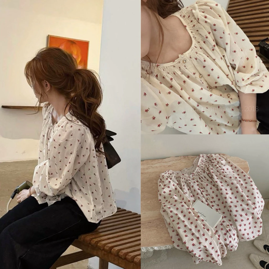 [Hàng QC L1] Áo sơ mi hoa nhí đỏ chun cổ phối khuy đồng dài tay phong cách vintage Hàn Quốc