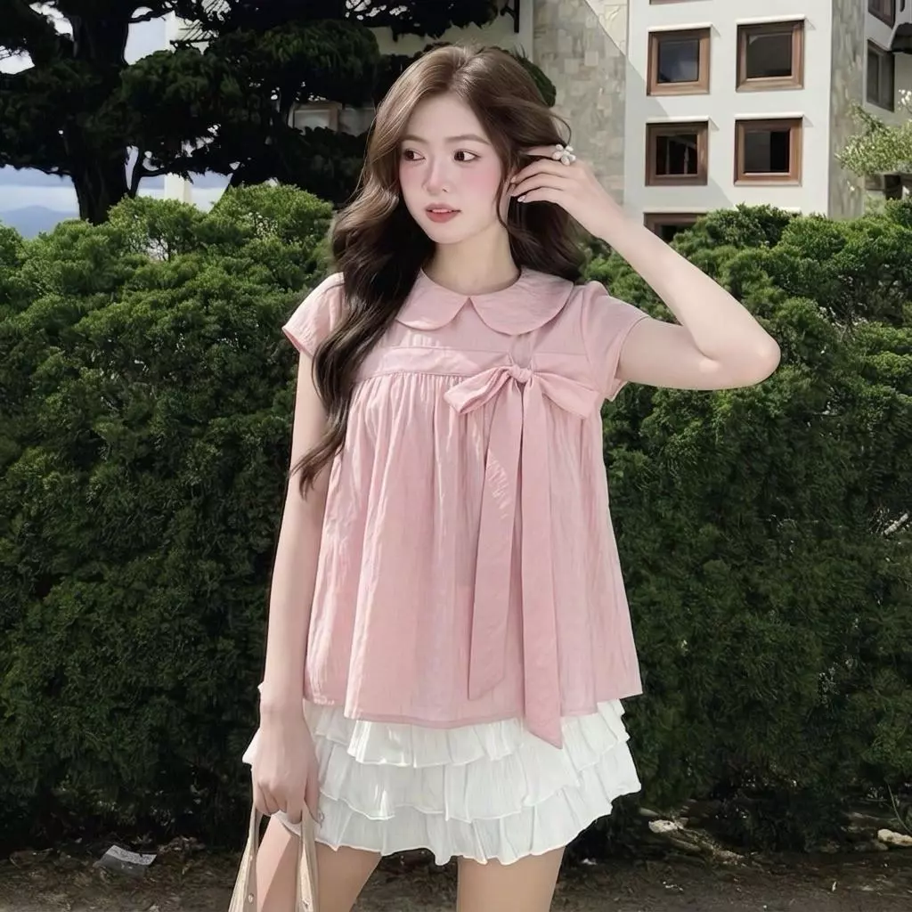 Áo sơ mi kiểu nữ SM426 Kozoda chất gió hàn họa tiết babydoll buộc dây viền bèo tiểu thư ngắn tay thời trang nữ Hàn Quốc
