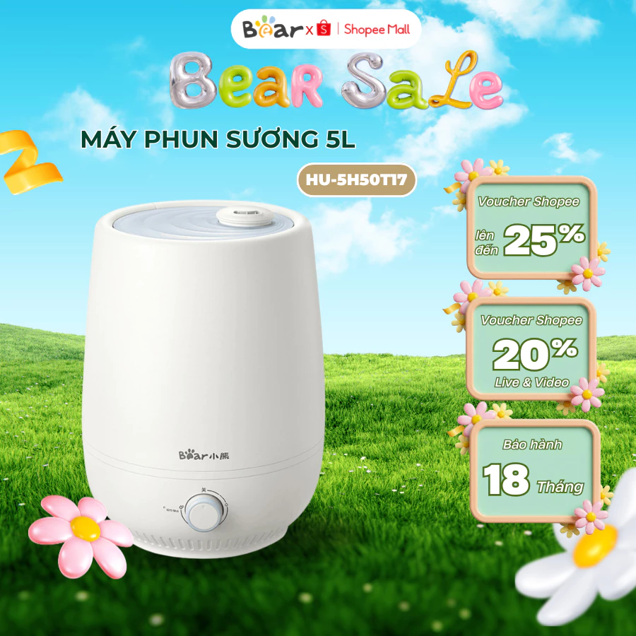 Máy phun sương tạo ẩm Bear HU-5H50T17, Dung tích 5L, Công suất 30W, Làm mát không khí, BH 18 Tháng