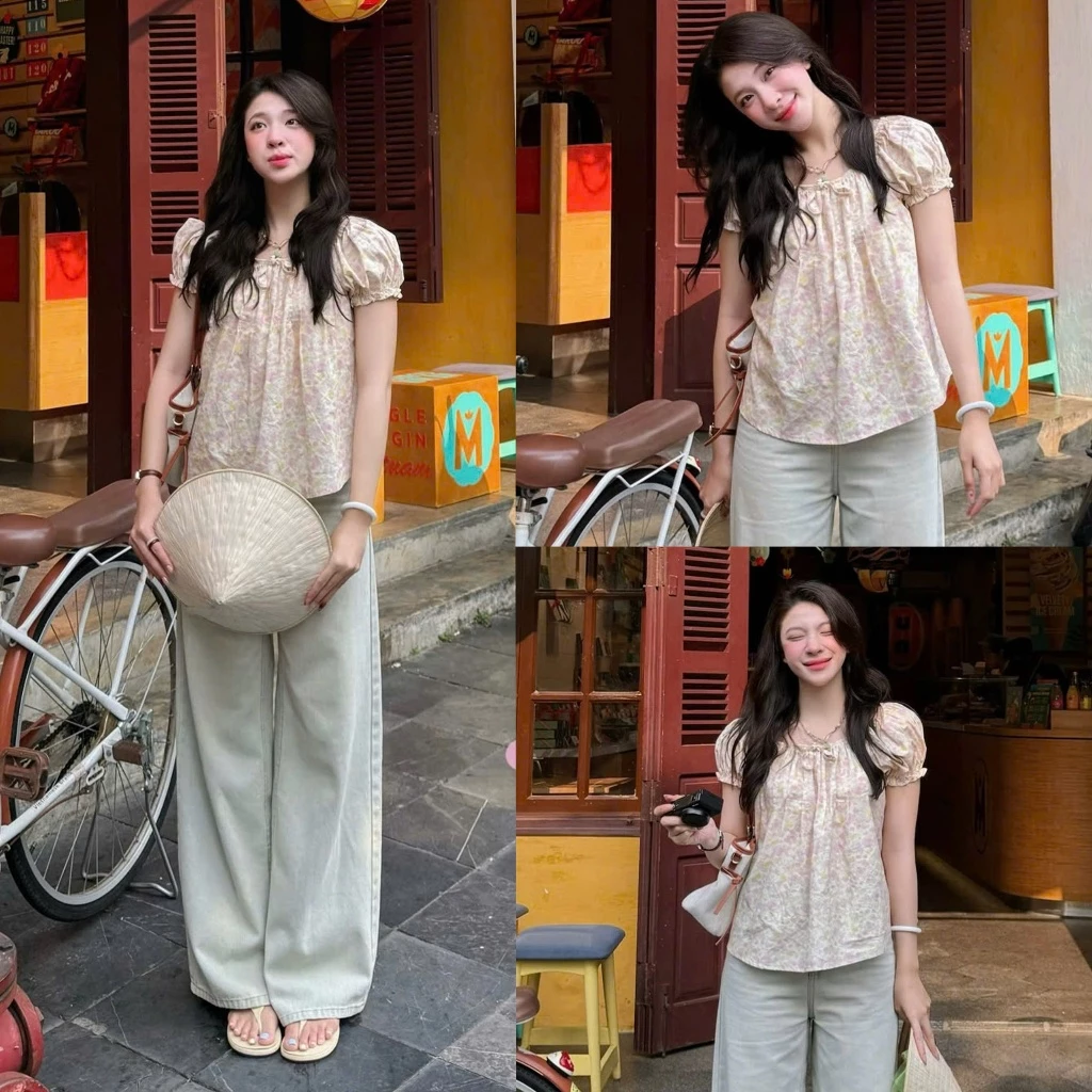 (ẢNH OLDSCHOOL) Áo babydoll thô cotton hoa nhí vàng hồng cổ chun Nomi Top.