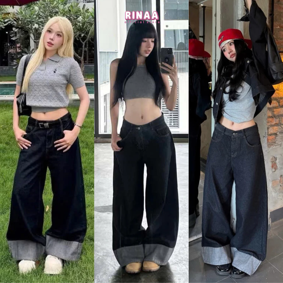 [MỞ BÁN] Quần Jeans Ống Rộng Đen Xám Cạp Cao RINAA Unisex, Quần Bò Gập Gấu Lật Gấu Chuẩn Style Hàn