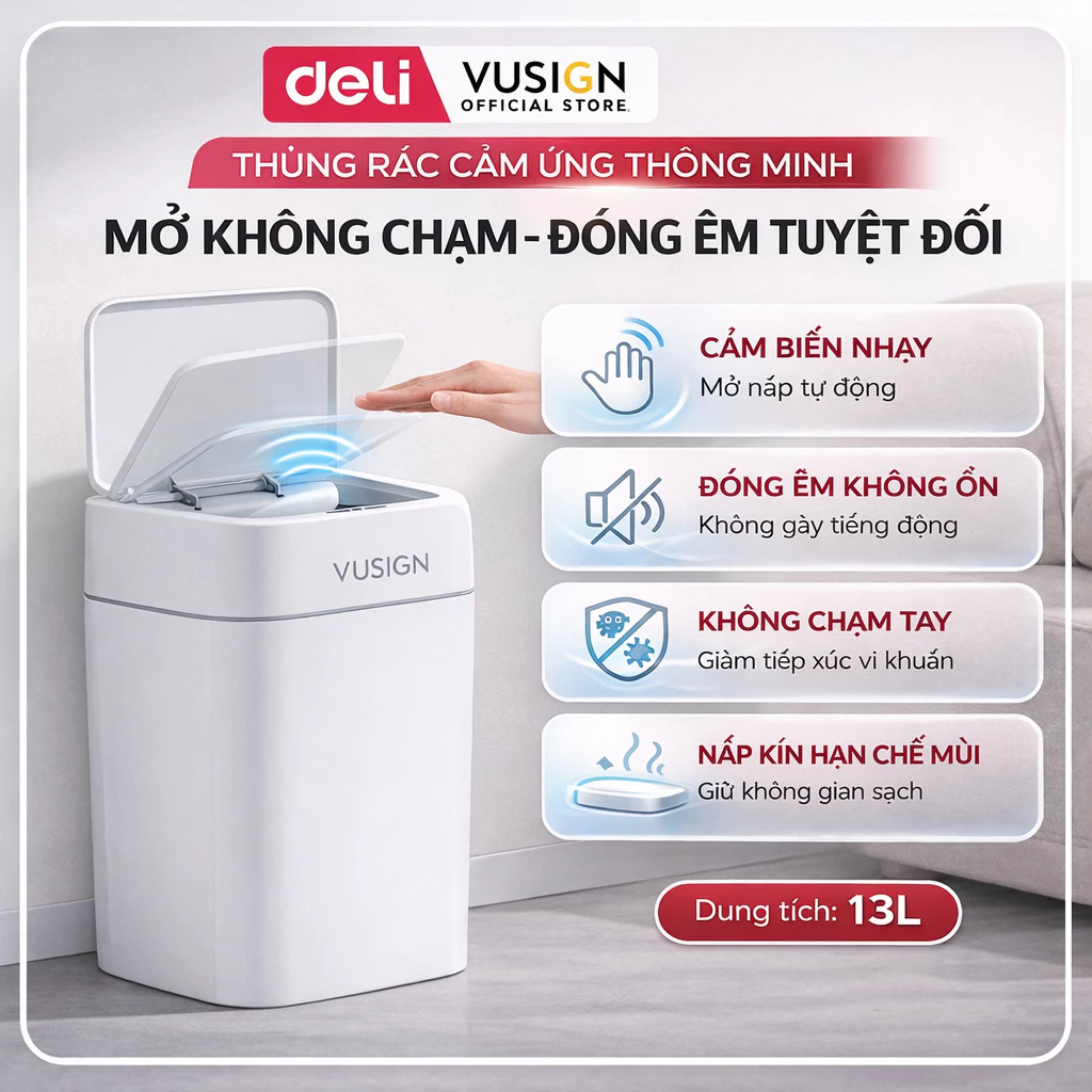 Thùng rác có nắp thông minh cảm biến tự đóng mở 13L/18L Deli chống thấm nước khử mùi thích hợp phòng khách, phòng bếp