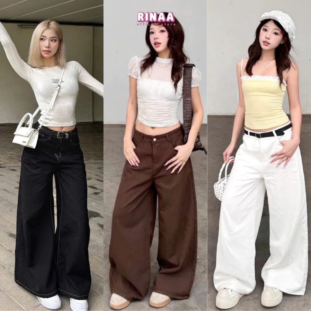 Quần Jean Ver3 Ống Suông Rộng Màu Nâu Choco RINAA Chất Jean Mềm, Quần Bò Nâu Nữ Basic Style Hàn Quốc