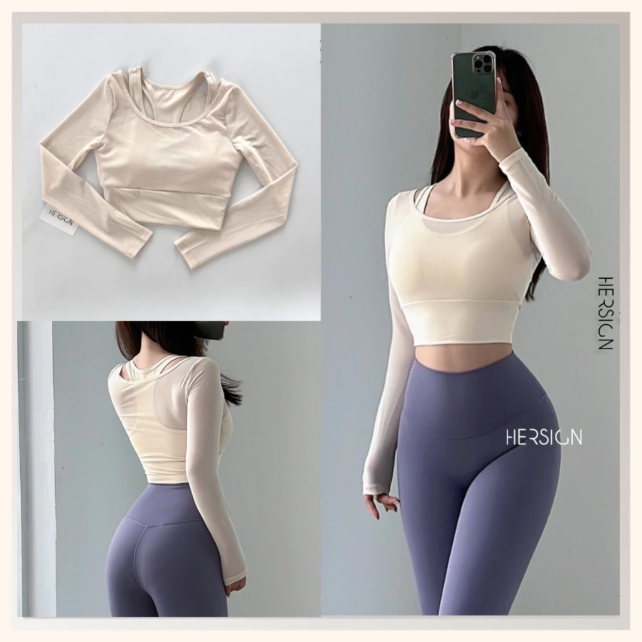 HERSIGN Áo tập yoga nữ Áo croptop tập gym nữ Áo dài tay phối lưới CROP34 BST HERSIGN EASE