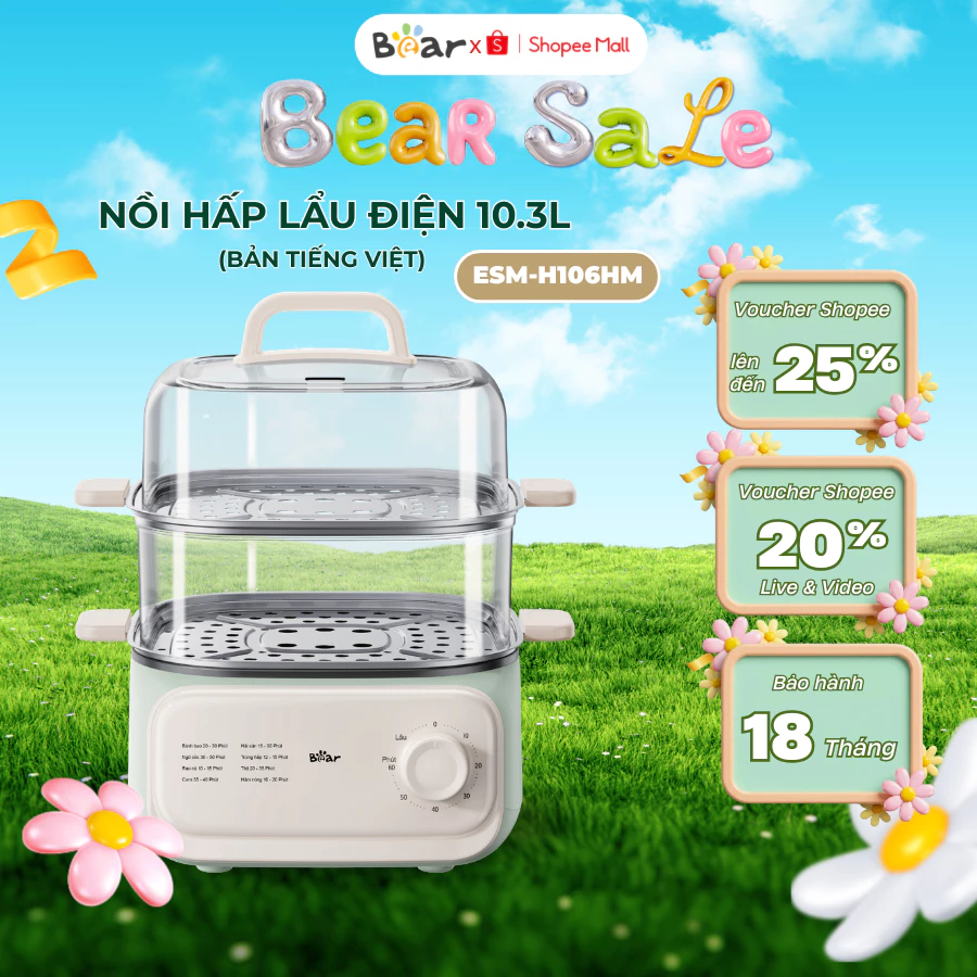 Nồi Hấp Điện 10.3L Bear ESM-H106HM, 2 Tầng, Nấu Lẩu, Xào, Khay Inox, Vặn Núm Dễ Sử Dụng, BH 18 Tháng