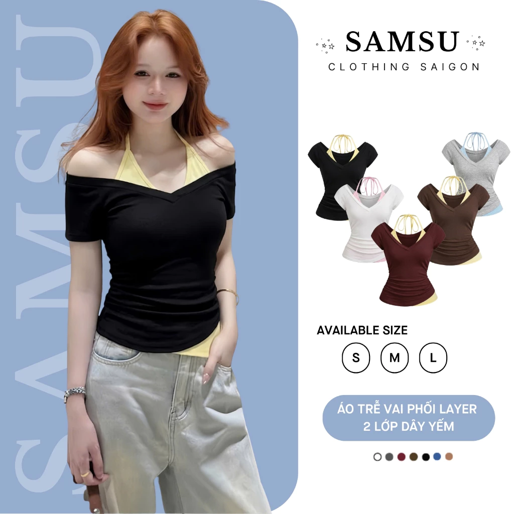 Áo Trễ Vai Kiểu Nữ Mùa Hè Cổ Tim Phối Layer 2 Lớp Dây Yếm Ôm Body Tôn Dáng Style Hàn Quốc Đi Biển - Samsu.clothing