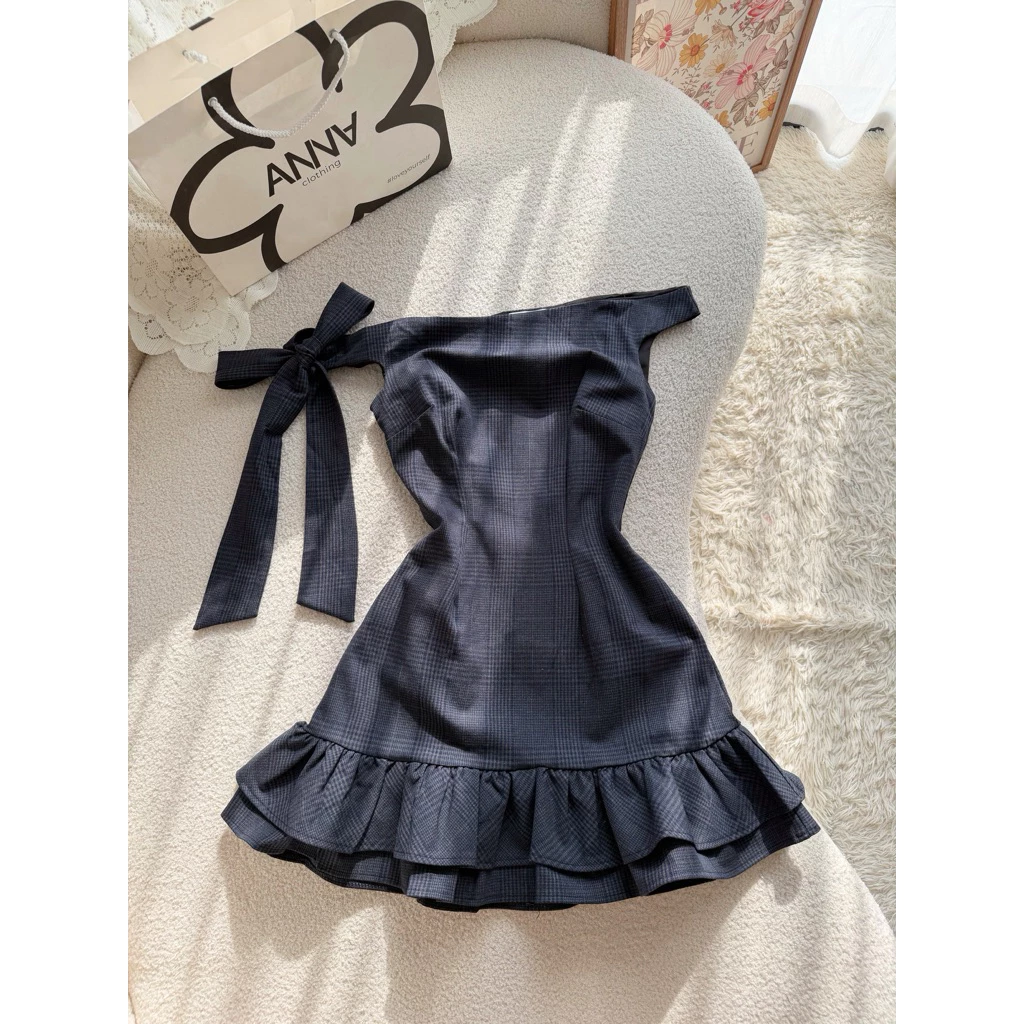 Đầm Kiểu Nữ Caro Xanh Lệch Vai Anna - Baeboo Dress
