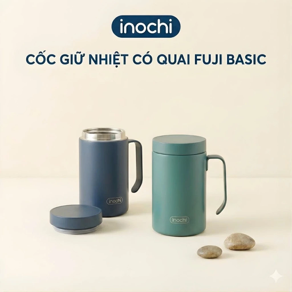 Cốc Giữ Nhiệt Fuji Basic Inochi 450ml Inox 316 Có Quai Cầm Giữ Nóng Lạnh 6H+ Nắp Kín Chống Tràn