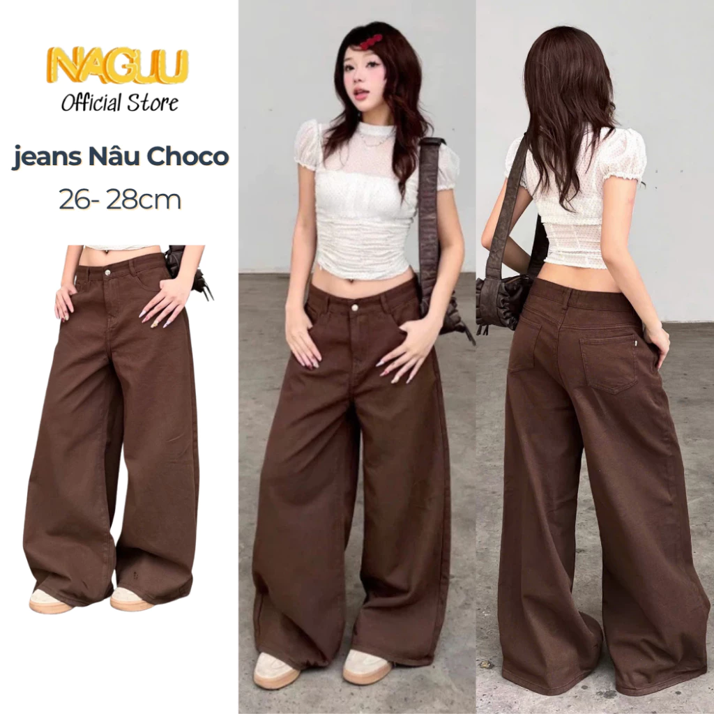 [MỞ BÁN]Quần Jean Nữ Màu Nâu Choco NAGUU Chất Jean Mềm, Quần Suông Ống Rộng Cạp Cao Trẻ Trung