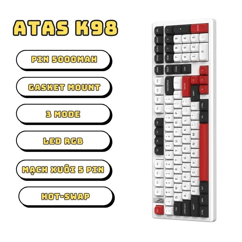 Bàn phím cơ không dây ATAS K98 - Full Foam - 3 Mode - Pin 10000mah - Mạch xuôi - LED RGB - App Marco