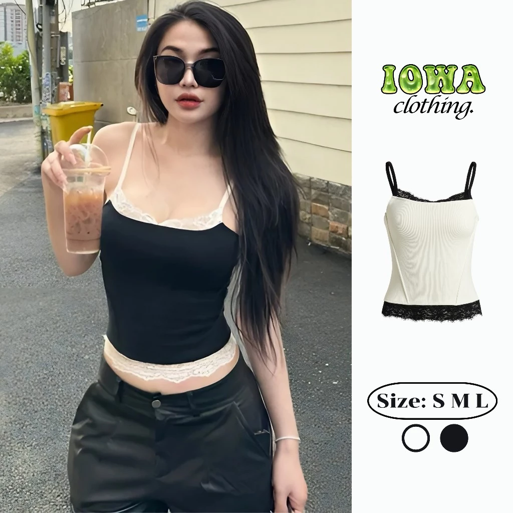 Áo croptop nữ 2 dây ren ngực thun gân ôm body sexy CR17 tôn dáng co giãn thoáng mát IOWA