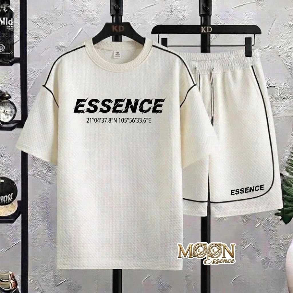 MOON ESSENCE Bộ cộc mùa hè tổ ong nam nữ Bộ quần áo nam nữ cổ tròn