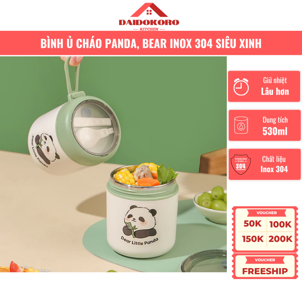 Bình Ủ Cháo Bear, Panda Giữ Nhiệt, Chất Liệu Inox 304, Ca Ủ Cháo, Hộp Đựng Súp, Tặng Kèm Thìa