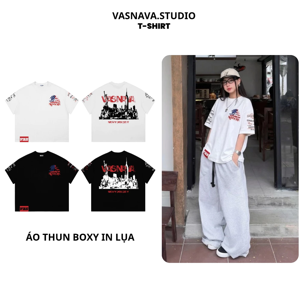 Áo Thun Boxy Vasnava Newyork - Cotton Nam Nữ Form Boxy Tay Lỡ Oversize Cổ Tròn Cotton 260gsm co giãn 2 chiều