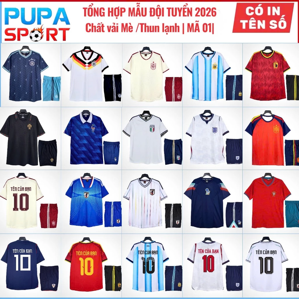 PUPA SPORT Top Mẫu Đồ Bóng Đá, Quần Áo Bóng Đá WC26, Vải Thun Lạnh & Mè Hàn Cao Cấp Cho Nam Nữ, Có In Tên Số.