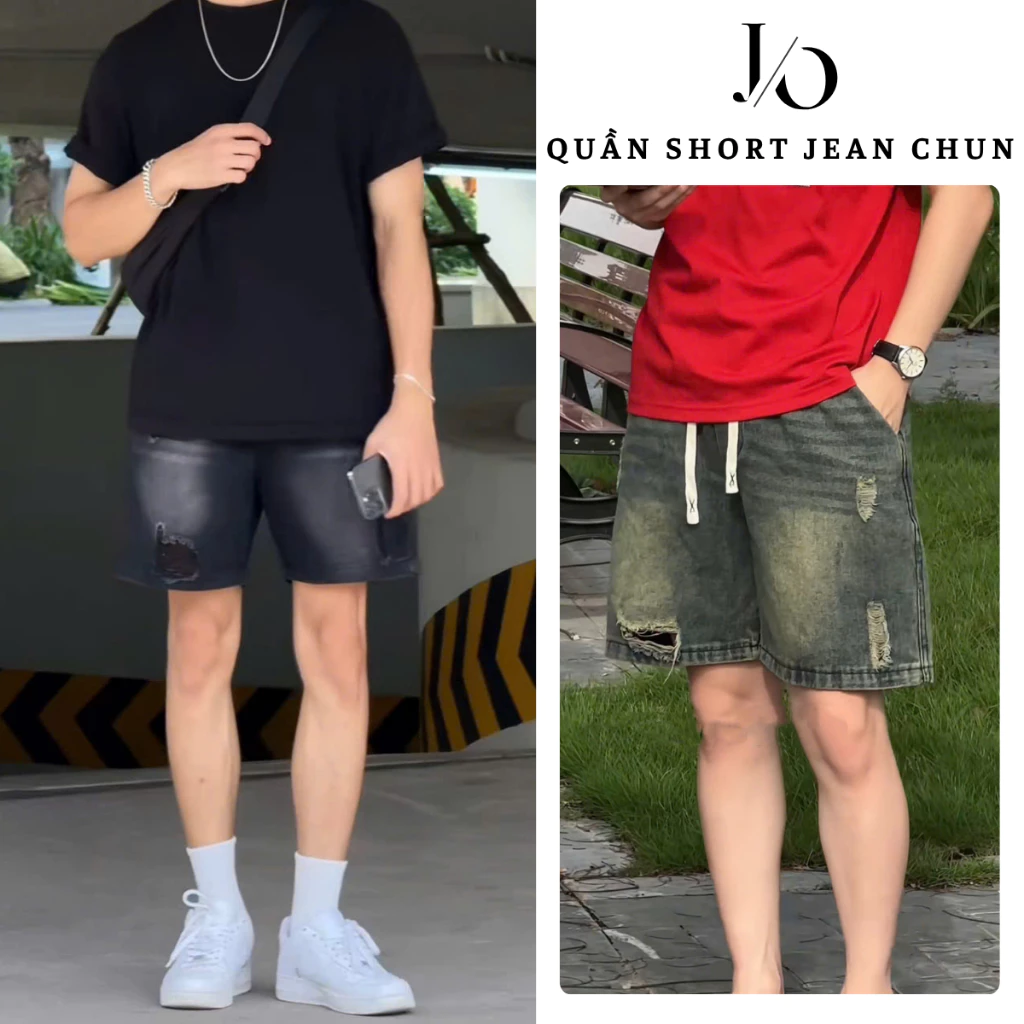 Quần Short Jean Nam Wash Retro Cạp Chun Dây Thêu Suông Ống Rộng Quần Short Đùi Bò Unisex Mùa Hè