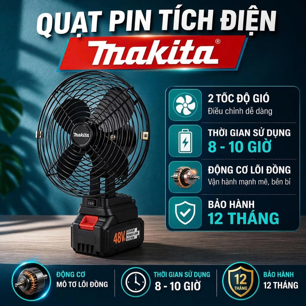 Quạt Tích Điện Để Bàn Dùng Pin MAKITA 8 Inch Công Suất Lớn, Làm Mát Cực Nhanh, Sử Dụng 8-10H, Hoạt Động Mạnh Mẽ, Bền Bỉ