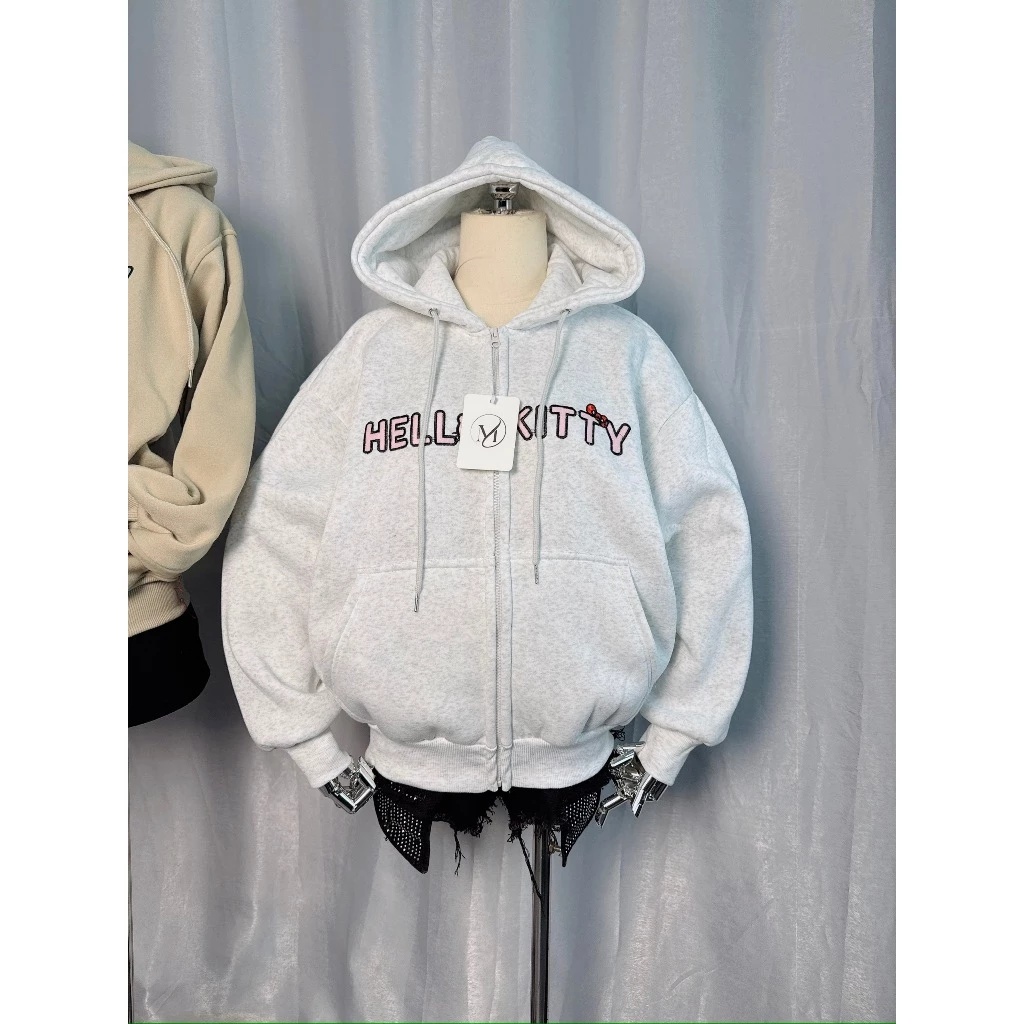 Áo Khoác Hoodie Nỉ Nữ Thêu Hello Kitty Form Rộng Có Nón – Áo Zip Dày Dặn Mềm Mịn, Phong Cách Dễ Thương