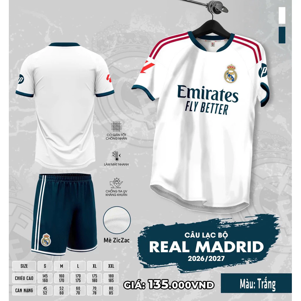 Bộ Quần Áo Đá Banh Real trắng ĐK  2026 (Nhận In Tên Số) Thun Mè Cao Cấp Logo Thêu Nam Nữ Top Sport