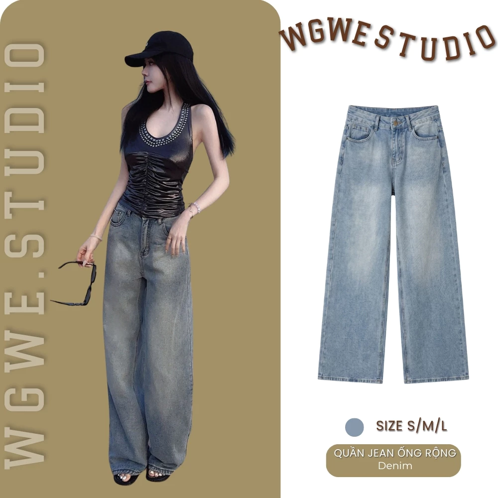 WGWE Quần Jean Nữ Ống Rộng 7249 – Màu Bạc Lưng Cao, Form Suông Tôn Dáng