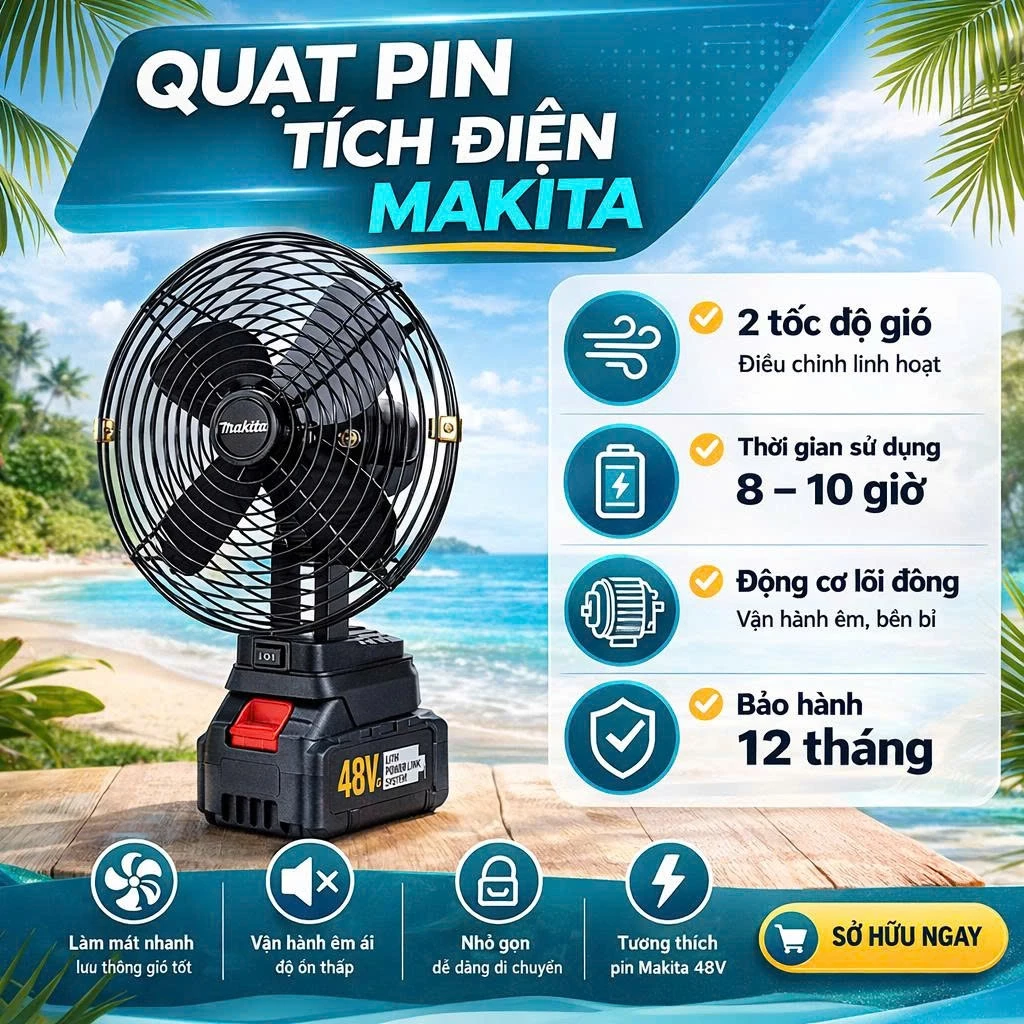 Quạt Tích Điện Để Bàn, Quạt Mini Tích Điện Dùng Pin MAKITA Công Suất Lớn, Làm Mát Cực Nhanh, Kết Cấu Chắc Chắn, Bền Bỉ