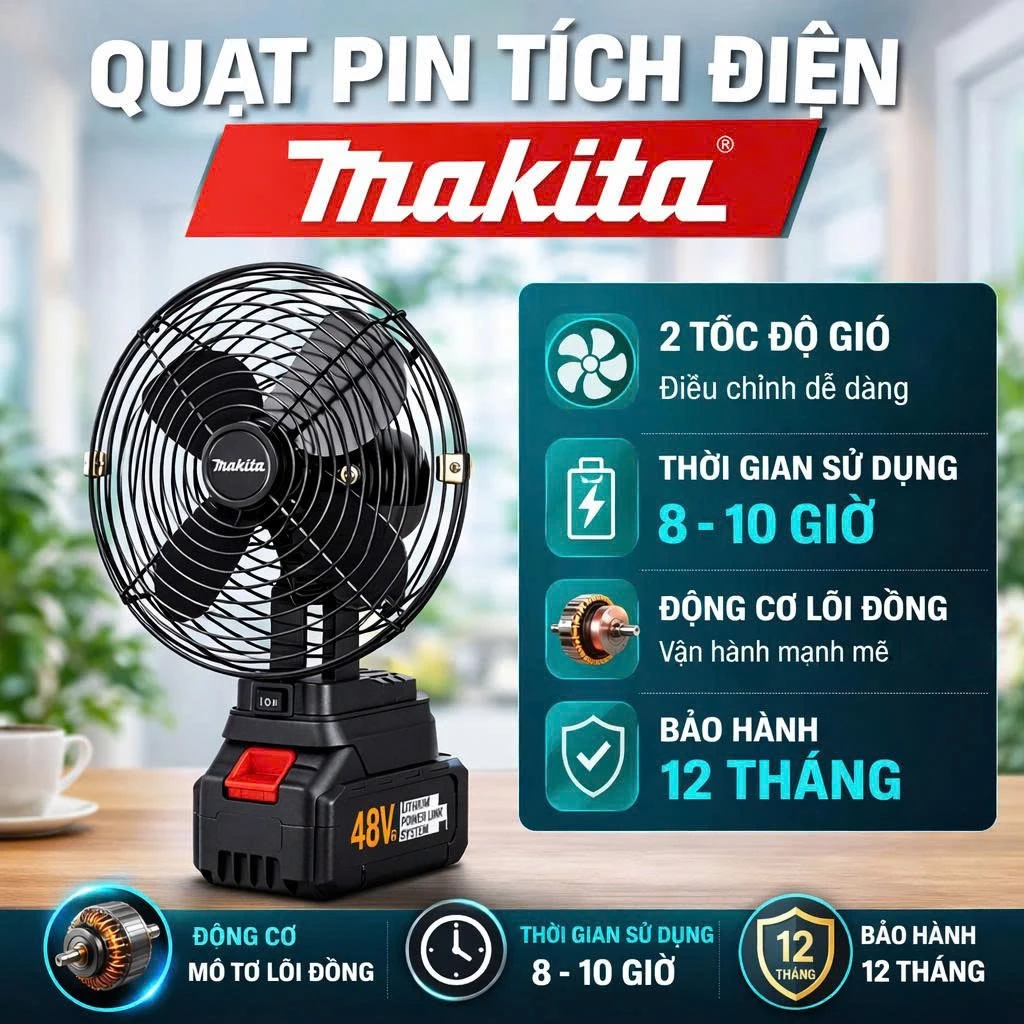 Quạt Để Bàn Tích Điện Chạy Pin MAKITA, Quạt Tích Điện Mini 2 Tốc Độ Gió, Làm Mát Cực Nhanh, Hoạt Động Mạnh Mẽ, Bền Bỉ