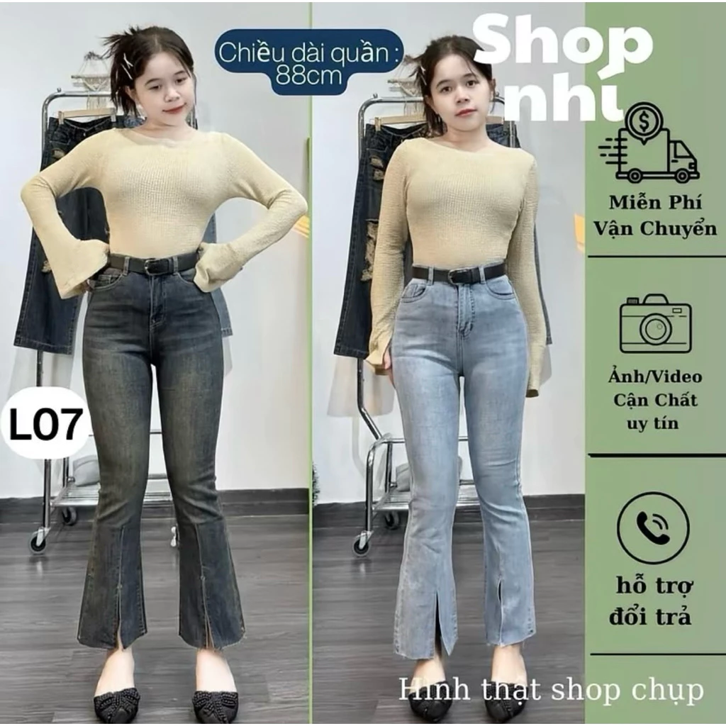(88cm) Quần Jean Nữ Loe Lỡ 3p Xẻ Lai Lưng Cao Cotton Co Giản Mềm Mịn Đủ Size S/M/L(L01 - quần loe lỡ ) 1726
