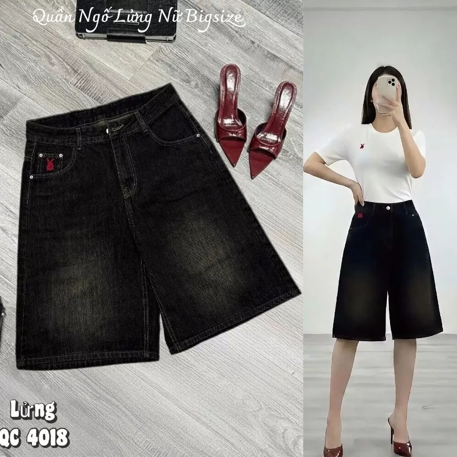 Quần Lửng Jean Nữ Bigsize Qua Gối Form Chữ A - Quần Bò Ngố Ống Rộng Wash Xước Túi Thỏ QC4018
