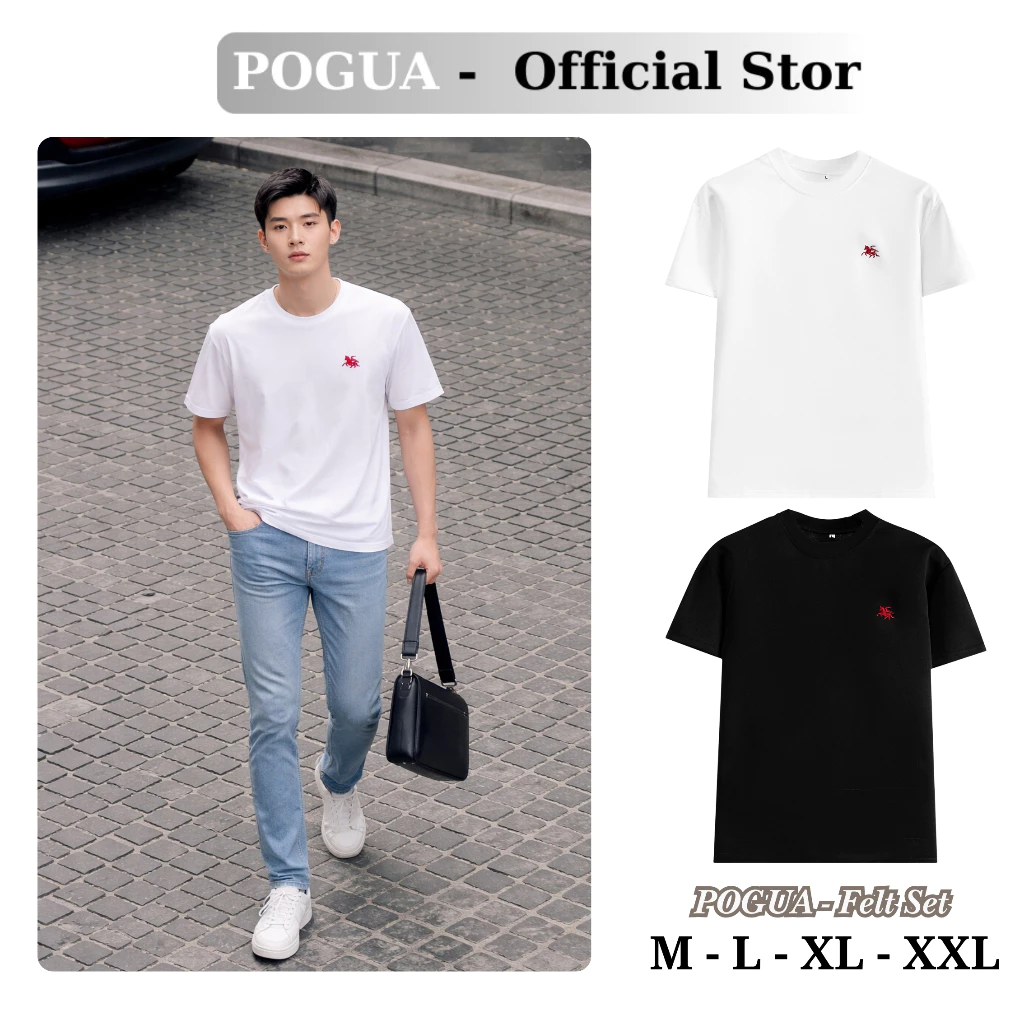 Áo Thun Nam, Nữ Form Rộng Basic Cotton Mềm Thêu Logo Ngựa POGUA, Áo Unisex Tay Ngắn Thấm Hút Mồ Hôi Tốt APNT8